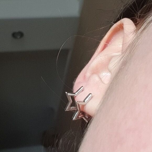 Silver Star Huggie Earrings - Picture 4 of 7
